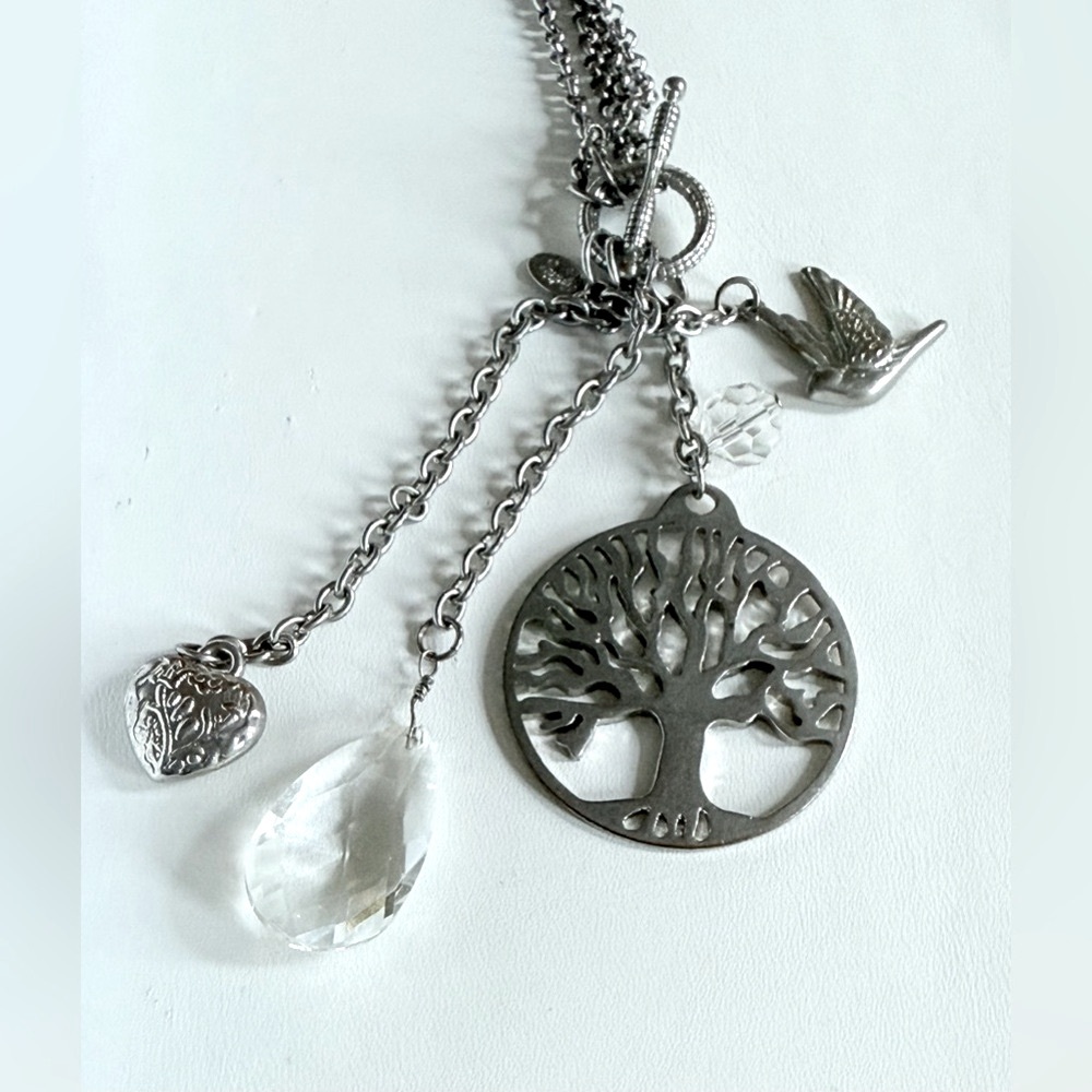 🌳 Cookie Lee Silver Charm Necklace w/Heart Dove Crystal Accents & Tree of Life - Picture 11 of 11